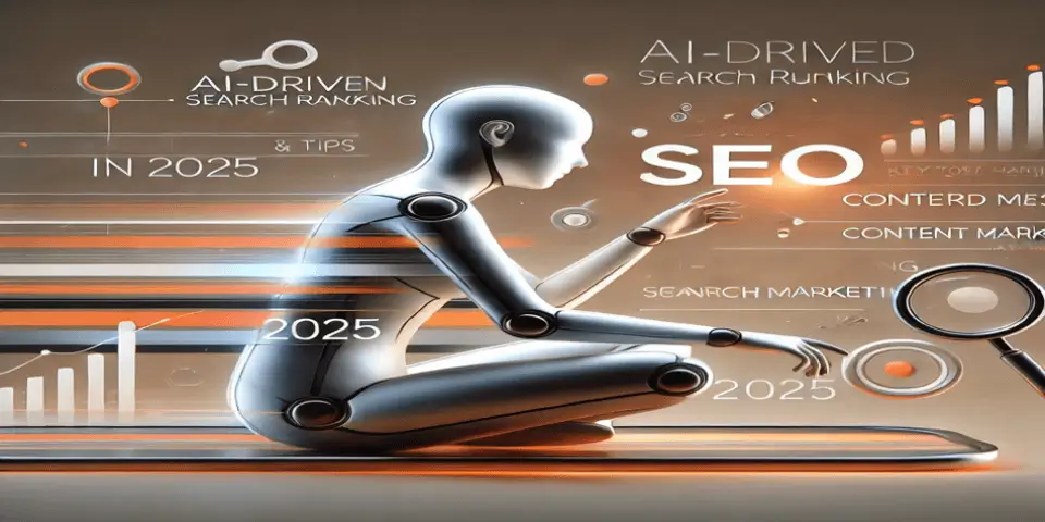 A futuristic human figure analyzing SEO data and trends for 2025