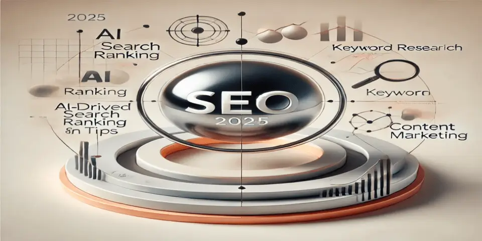 Futuristic digital objects symbolizing SEO advancements in 2025.